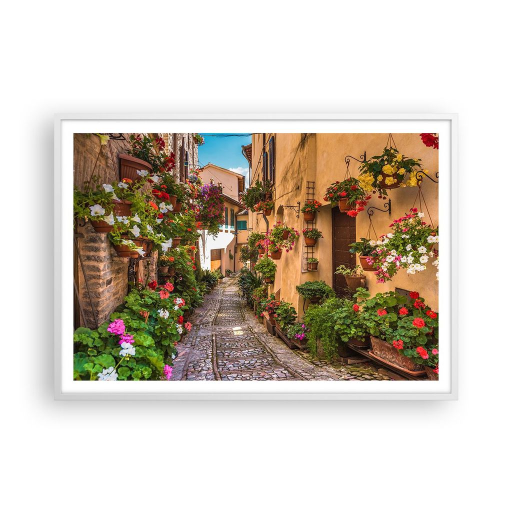 Gerahmtes Poster - Weißer Rahmen - Path Blumen Haus Hof - 100x70 cm - Wand Bild - Wanddeko - Wandbilder - Kunstposter - Wandposter - Bilderrahmen ...