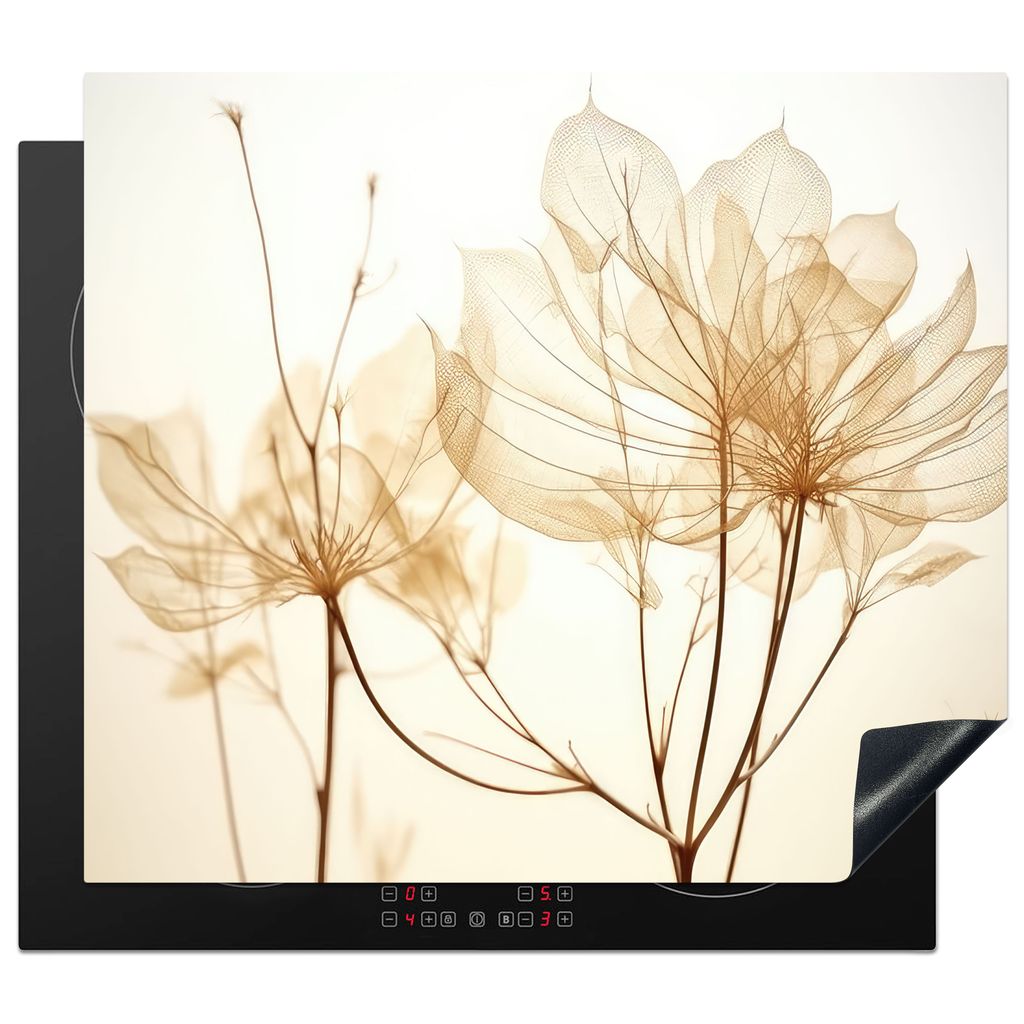 KitchenYeah Herdabdeckplatte Getrocknete Blumen - Beige - Pflanzen - Weiß , 60x52cm, Küche Deko, Glaskeramikkochfeld Herdabdeckung, Abdeckplatt...