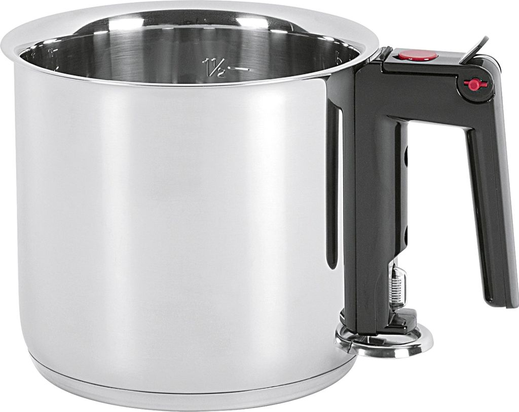 A stainless steel pot with a black handle.
