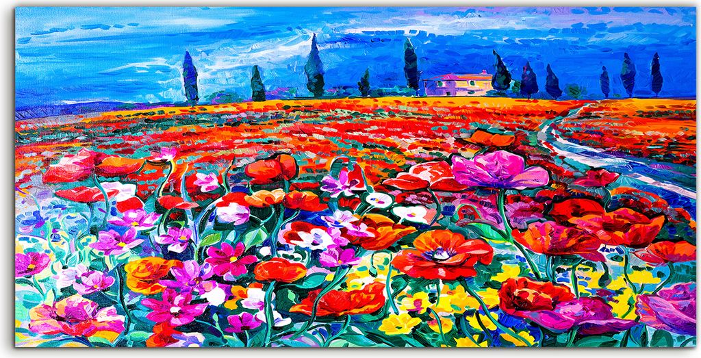 Coloray Acrylbild 140x70 Wandbild Acrylbilder Blume Bäume Straße Haus Zypresse wiese