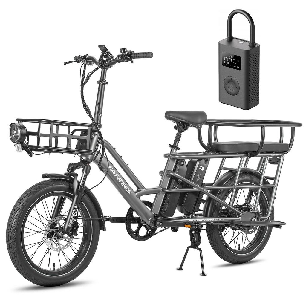 FAFREES FF20 CUV Familien-Longtail E-Cargo-Bike – Modulares E-Bike mit Dual-Akku & 200 kg Traglast Grau+Mijia Luftpumpe 2nd+Kindersitze