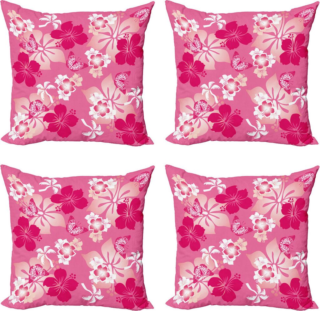 ABAKUHAUS Luau Kissenbezug Set (4 Stück), Hibiscus rosa Schmetterlinge, Moderner Doppelseitiger Digitaldruck, 50 cm x 50 cm, Rosa Blasse Pfirsich-...