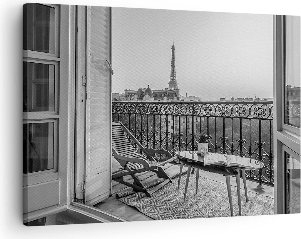 Bild auf Leinwand - Leinwandbild - Einteilig - Schwarzweiß Paris Balkon - 70x50cm - Wand Bild - Wanddeko - Wandbilder - Leinwanddruck - Bilder - W...
