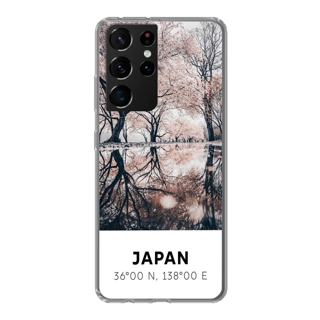 MuchoWow Handyhülle Schutzhülle Hülle für Samsung Galaxy S21 Ultra Japan - Sakura - Frühling - Rosa Silikon Softcase Handy Hülle - Mobiltel...