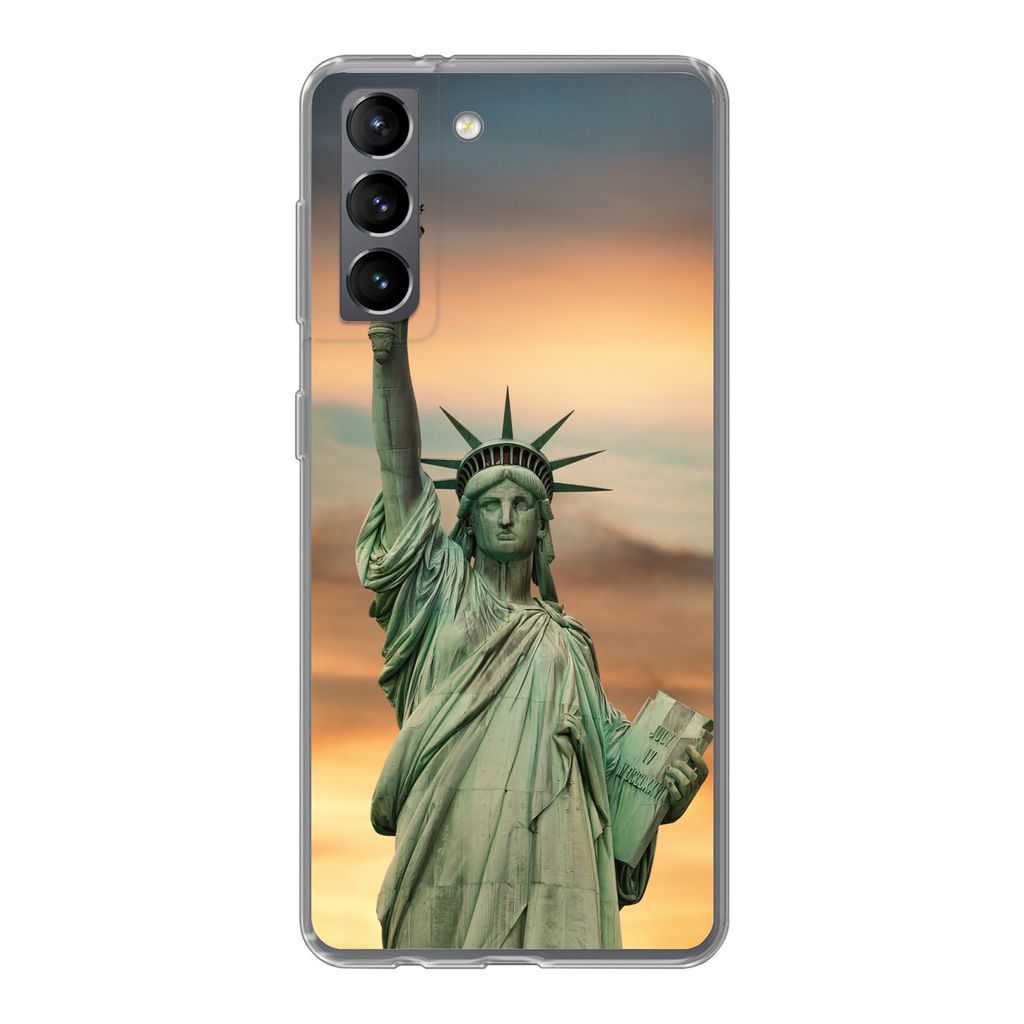MuchoWow Handyhülle Schutzhülle Hülle für Samsung Galaxy S21 New York - Freiheitsstatue - Sonnenuntergang Silikon Softcase Handy Hülle - Sof...