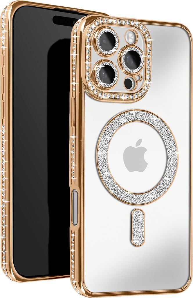 Avizar, Diamant-Hülle für iPhone 16 Pro Max – MagSafe-Schutz mit Strass-Rand, Gold