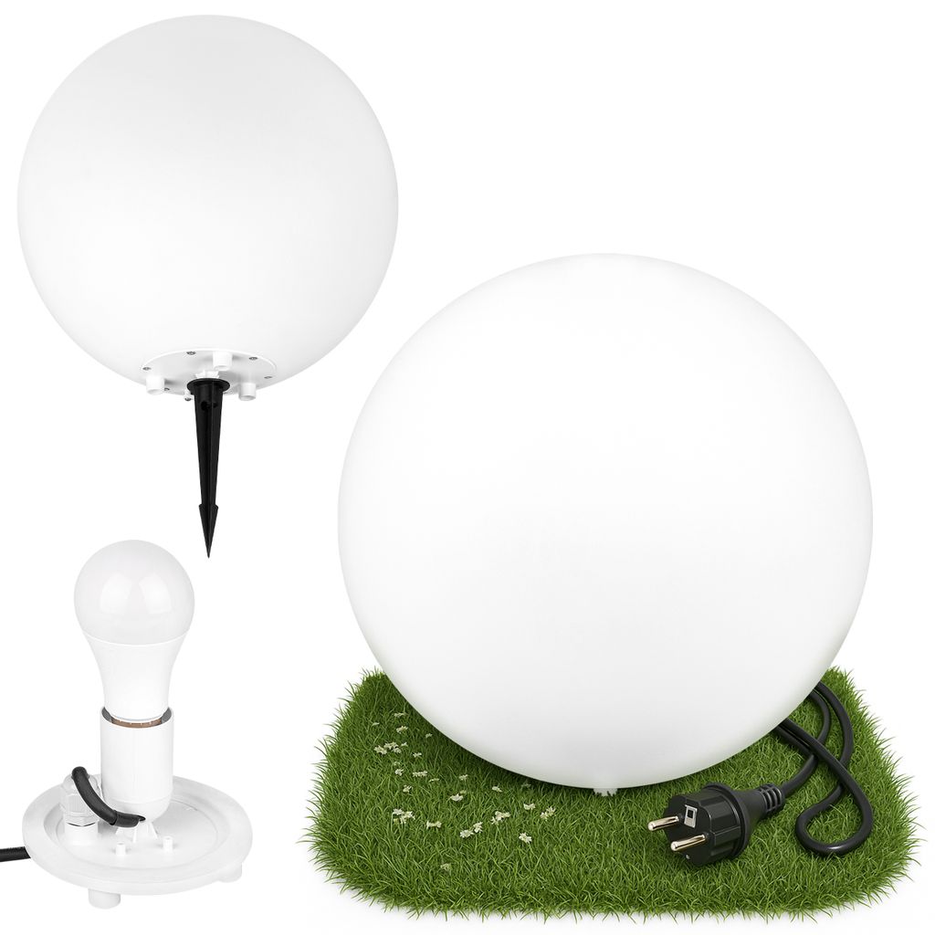 A white spherical garden light is shown in multiple configurations, including one with a stake for ground insertion, and another resting on a patch of artificial grass with a power plug.