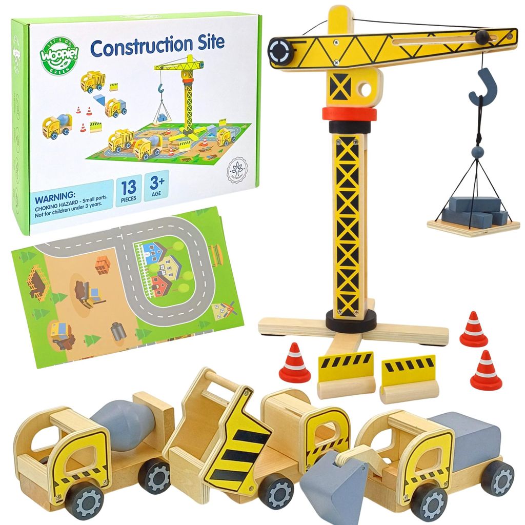 Woopie Green Holz-Baustelle 5-in-1-Mobilkran XXL-Baufahrzeuge 13-teiliges Set
