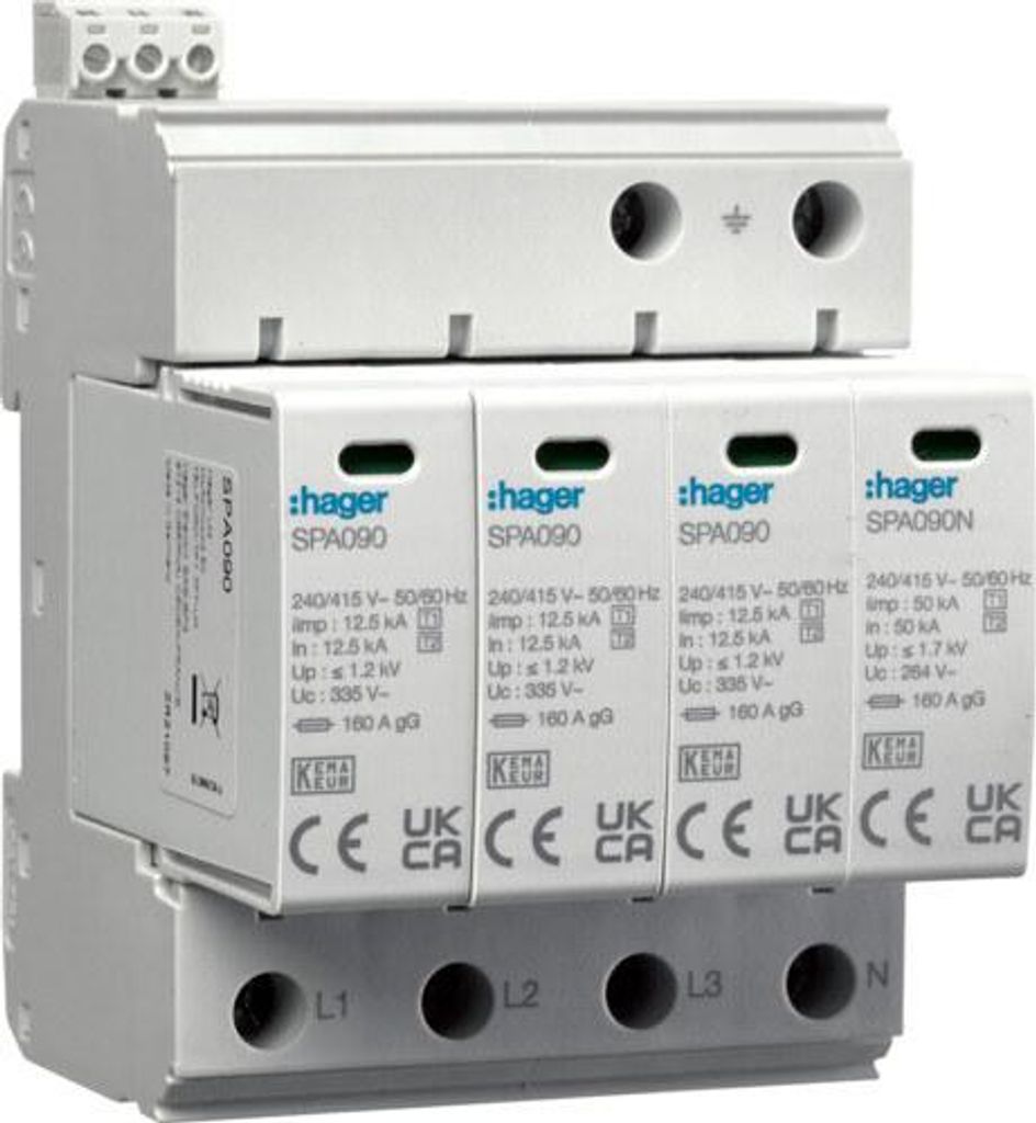 A white electrical surge protector device with multiple modules.