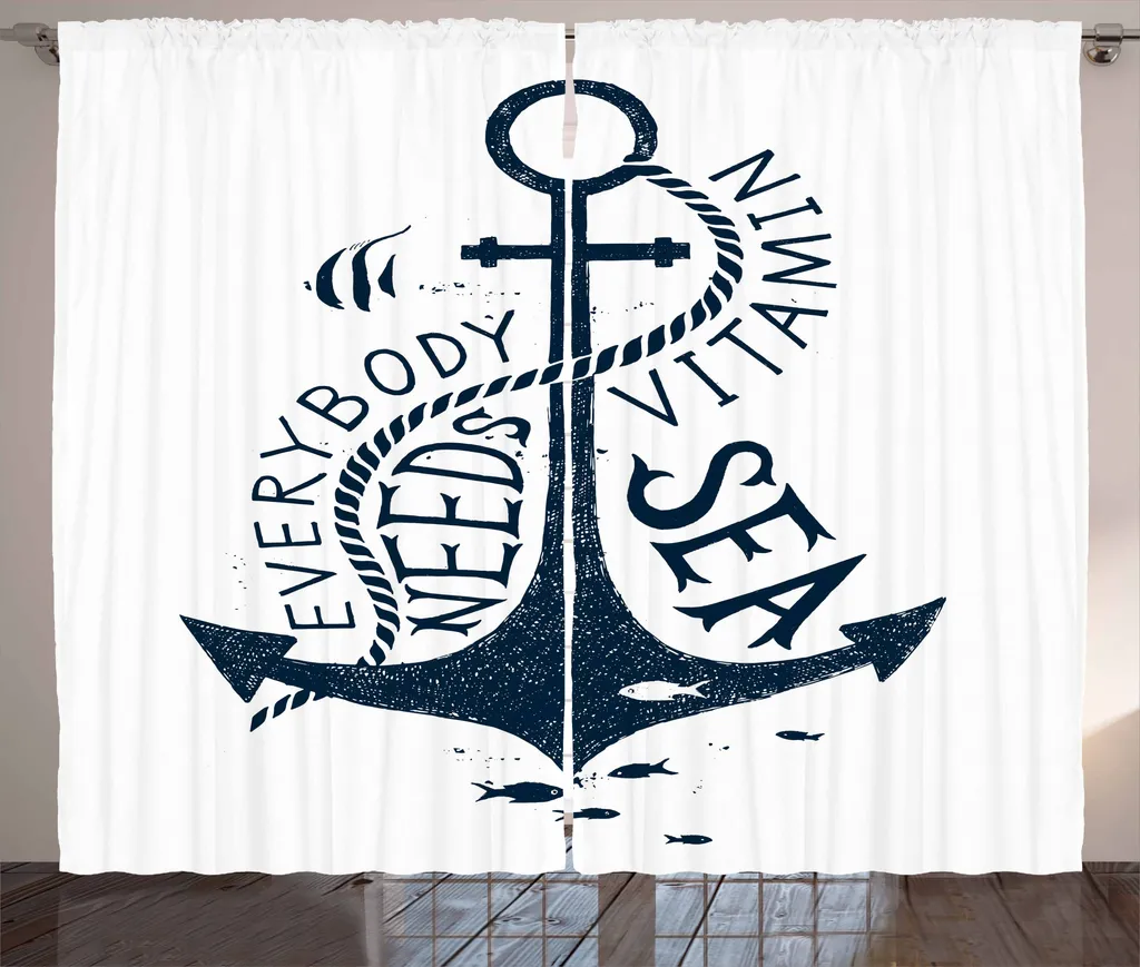 ABAKUHAUS Citazione da spiaggia Tenda rustica, Tutti hanno bisogno del mare, Tenda con nastro arricciato per camera da letto con passanti e ganci, 280 x 175 cm, blu notte scuro e bianco