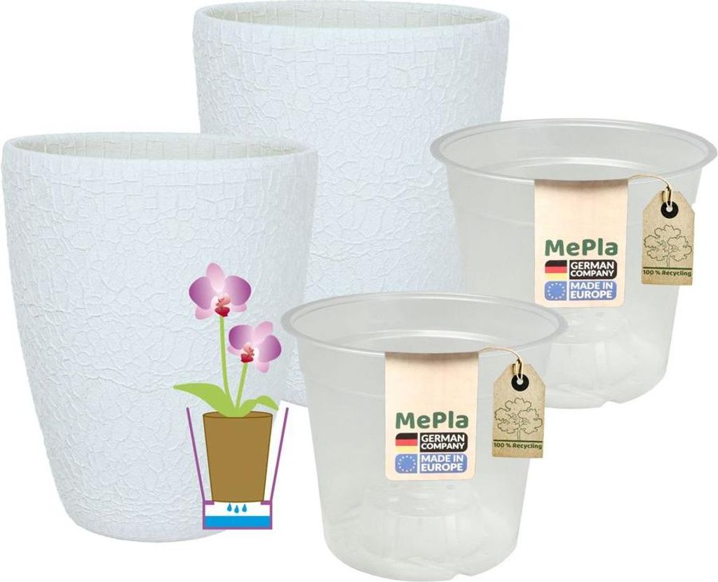 MePla - 2 Stück - Orchideenübertopf 500 lizzard ø 14 Weiss + Pflanztopf Orchidee ø 12