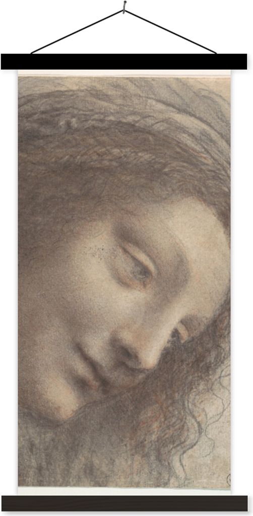 MuchoWow Textilposter Das Haupt der Jungfrau Maria - Leonardo da Vinci 40x80 cm mit schwarzem Rahmen - Wandemalerei