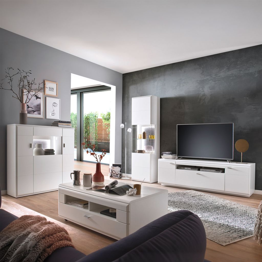 Wohnwand weiß matt ALIA-05 modern 4-teilig mit Highboard und Couchtisch