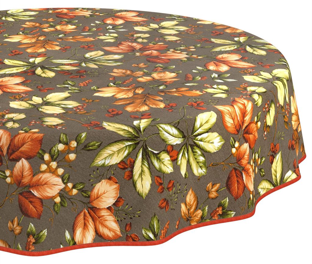 Tischdecke 140x140cm Rund Braun abwaschbar Baumwolloptik Herbstlaub Braun wetterfest Gartentischdecke mit Saumkante