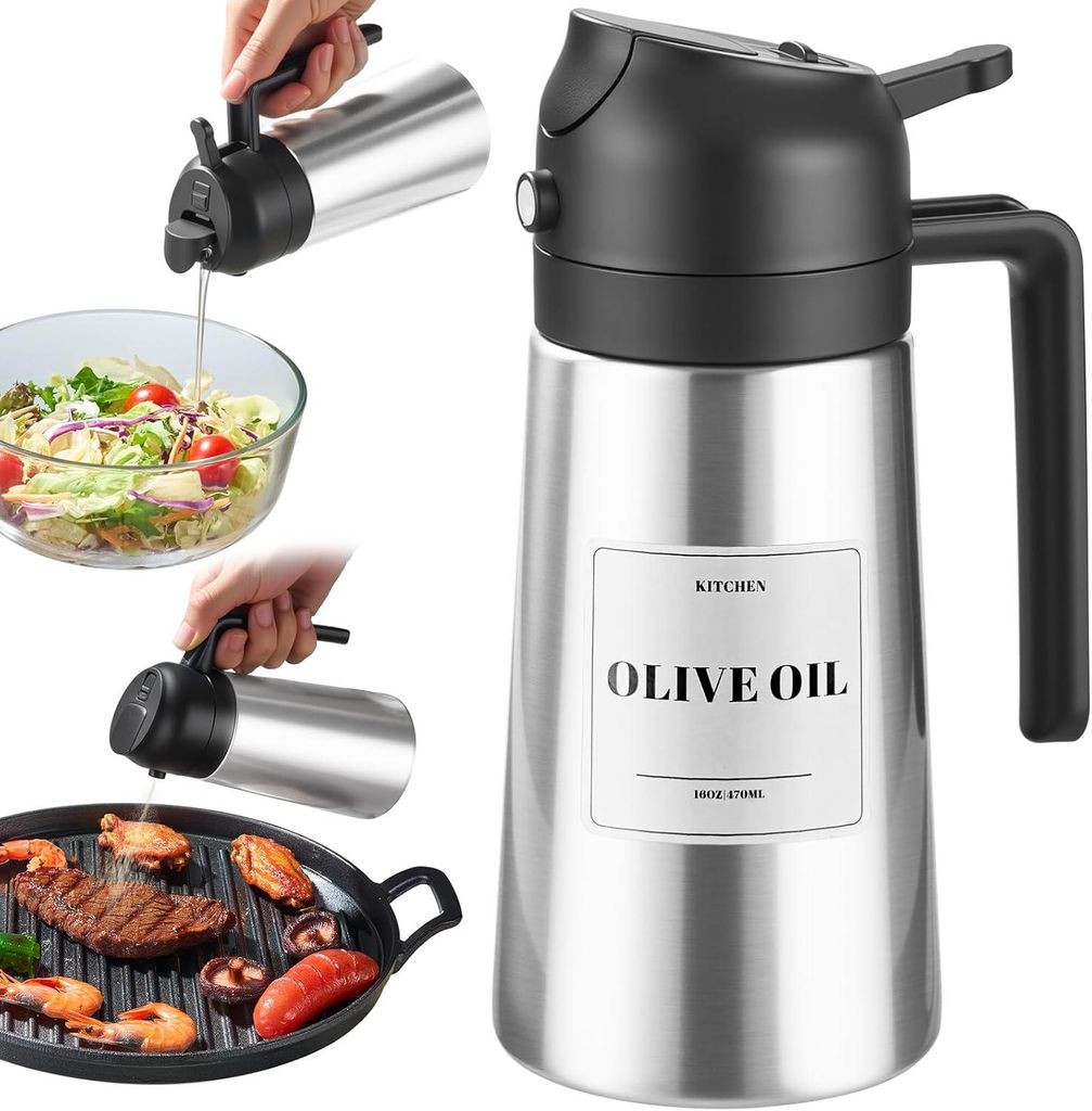 Ölspenderflasche Edelstahl 2-in-1 Mit Keramik-Sprühbeschichtung, Für Kochen Grill Heißluftfritteuse, Zum Sprühen Und Gießen Von Olivenöl