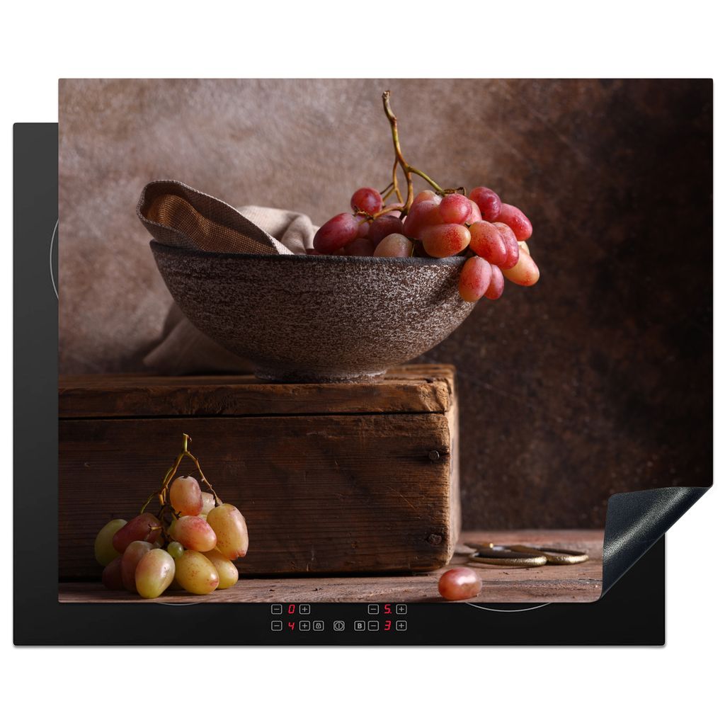 KitchenYeah Herdabdeckplatte Rustikal - Weintrauben - Schale - Stilleben - Obst , 65x52cm, Küche Deko, Glaskeramikkochfeld Herdabdeckung, Abdeck...