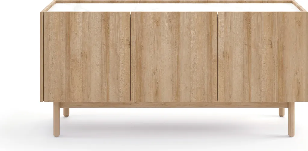 Commode basse OHIO 144 cm en Chêne Riviera avec plateau Marbre Blanc