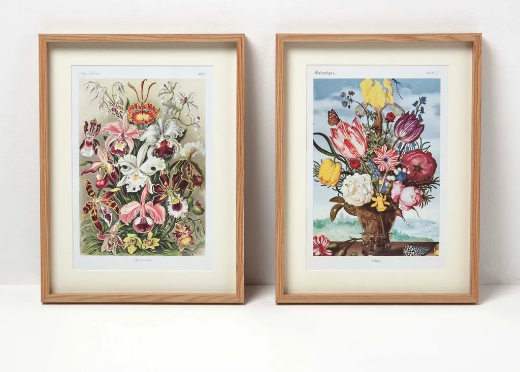 Tableaux Floraux Vintage avec Cadre Noir et Passe-Partout Blanc Lot de 2
