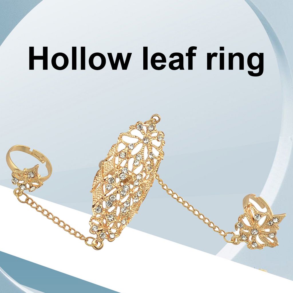 Öffnungsring, in Strass eingebettete Legierung, goldene Farbe, ausgehöhltes Blatt, Doppelfinger-Kettenring für Dating