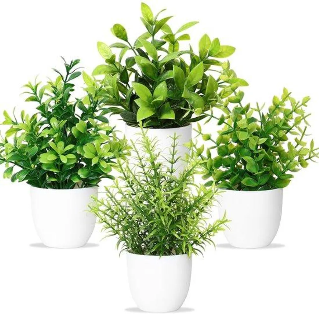 Plantes Vertes Artificielles avec Pots Blancs Design - Lot de 4 de Qualité