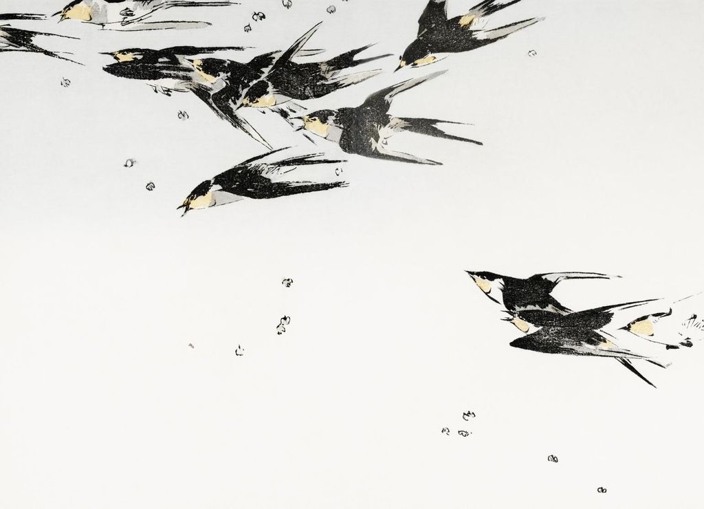 Plakat 18x13cm Fliegende Elstern, Japanische Vintage-Seite