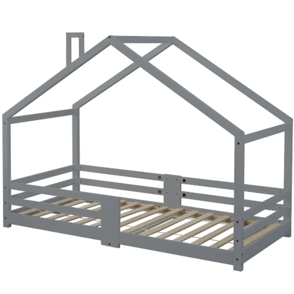 Lit Cabane Gris 90x200 cm avec Cheminée Décorative et Lattes Antichute - 3