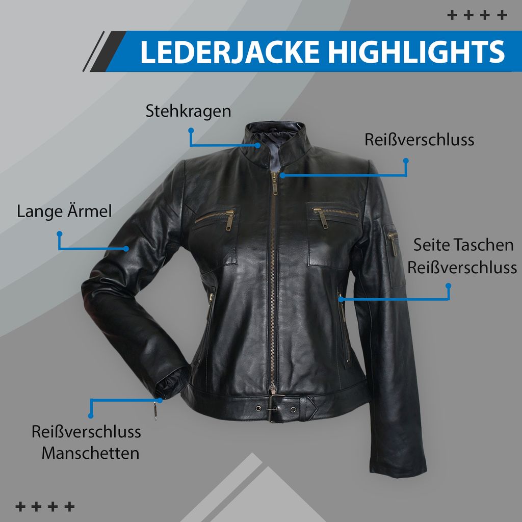 German Wear, Damen Lederjacke Trend Fashion echtleder Jacke aus Lamm Nappa Leder Schwarz, Größe:50/M