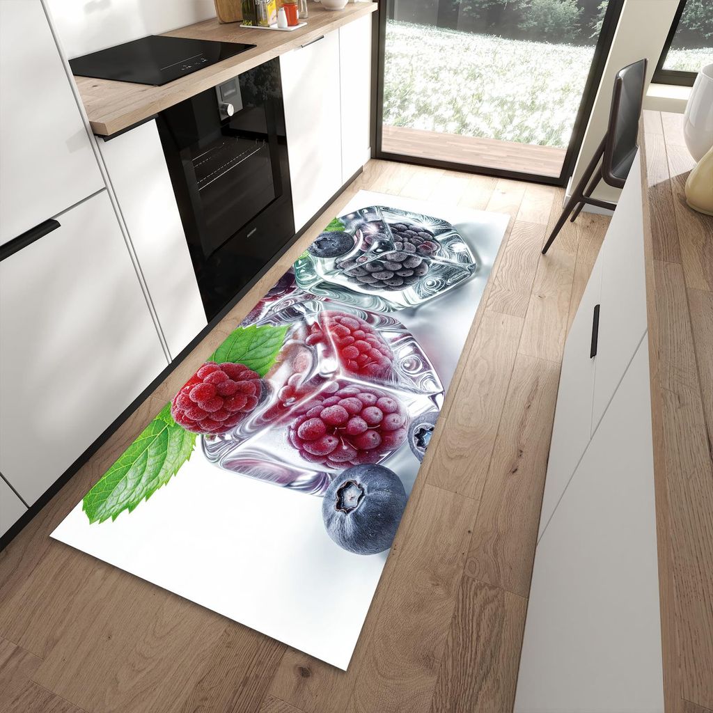 Küchenteppich 90x240cm rutschfest & abwischbar PVC Läufer - Eiswürfel Beerenmix