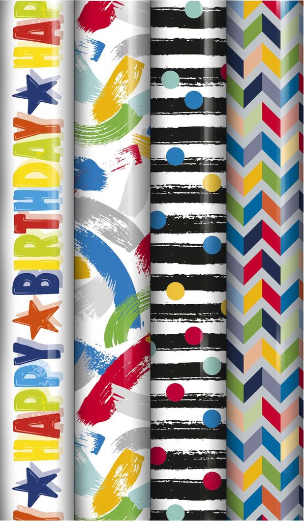 Farbiges Geschenkpapier – Geschenkpapier für Kinder und Erwachsene – 300 x 70 cm – 4 Rollen