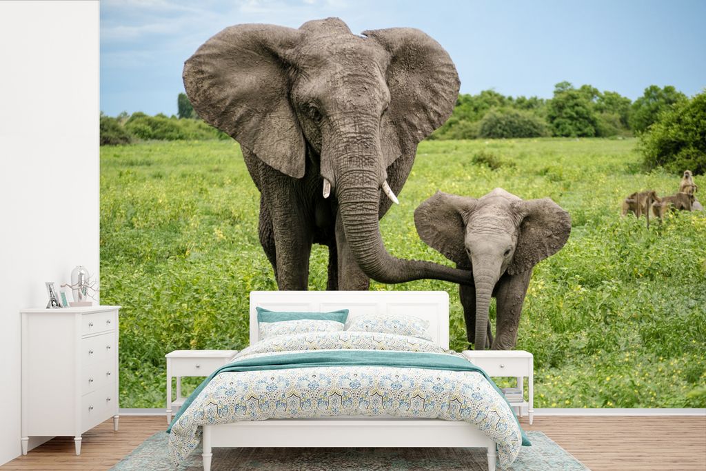 MuchoWow Fototapete für Wohnzimmer oder Schlafzimmer Wandtapete Vinyl Motivtapete Elefant - Natur - Park - 330x220 cm - Fototapeten