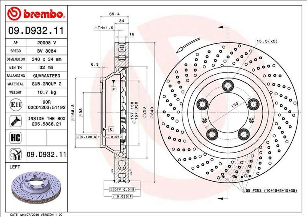 BREMBO 09.D932.11 Bremsscheibe OE 99135140302 kompatibel mit Boxster, 911