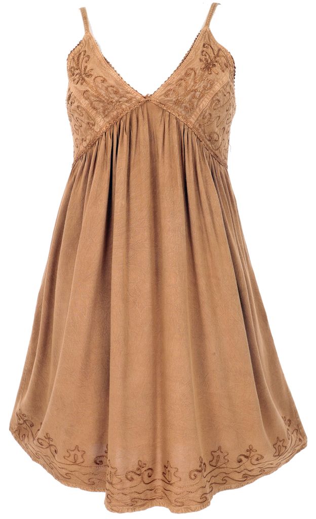 Besticktes Boho Sommerkleid, Midikleid, Indisches Knielanges Hippie Kleid - Sand, Damen, Braun, Viskose, Kleider