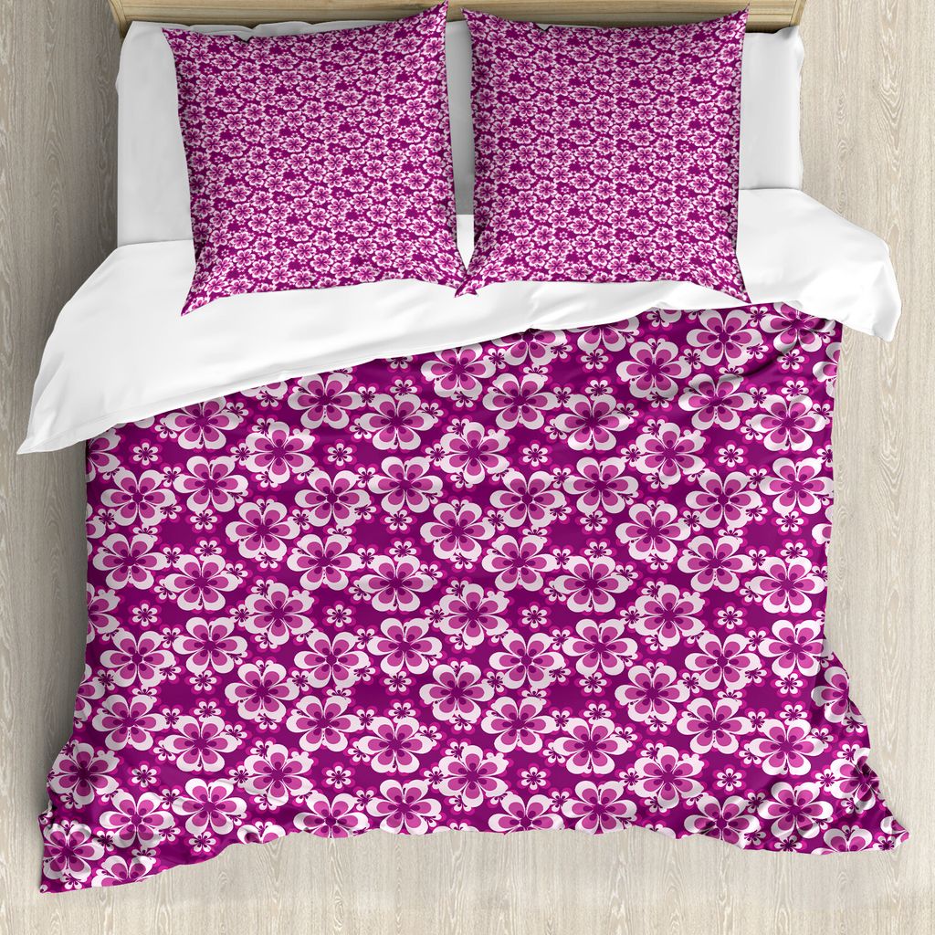 ABAKUHAUS Lila Bettbezugs Set Für Doppelbetten, Botanische themenorientierte Blumenblätter, Milbensicher Allergiker geeignet mit Kissenbezügen, ...