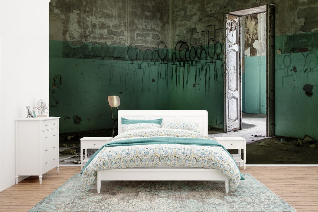 MuchoWow Fototapete für Wohnzimmer oder Schlafzimmer Wandtapete Vinyl Motivtapete Stuhl - Stein - Tür - Architektur - 400x240 cm - Gemustert