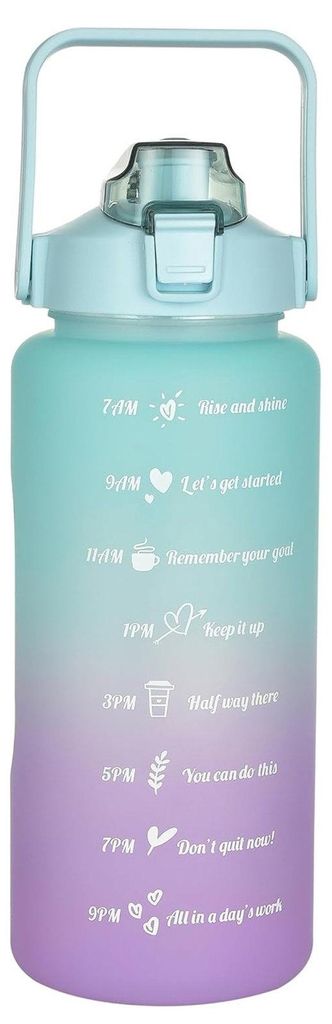 Verlauf blaue und lila Motivations-Wasserflasche mit Zeitmarkierungen und ermutigenden Sprüchen