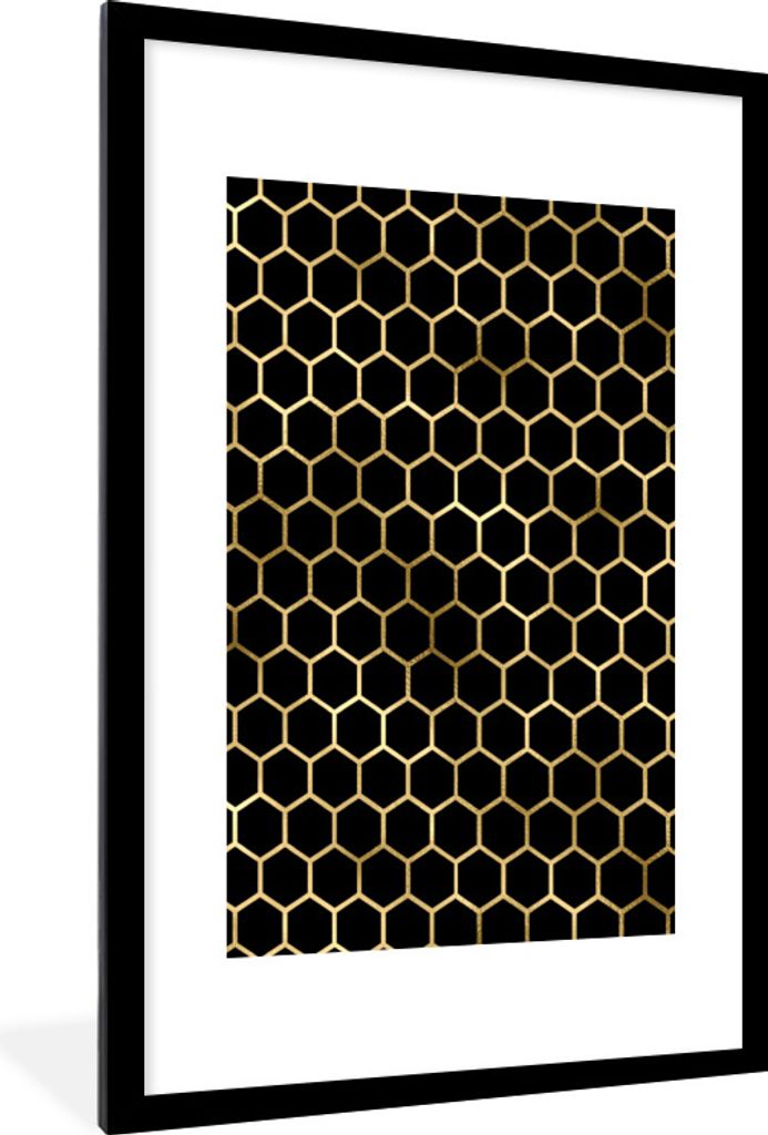 MuchoWow Gerahmtes Poster Muster - Sechseck - Gold 60x90 cm - Poster mit Schwarzem Bilderrahmen Wandposter Rahmen Foto Bilder - Dekoration - Wand...