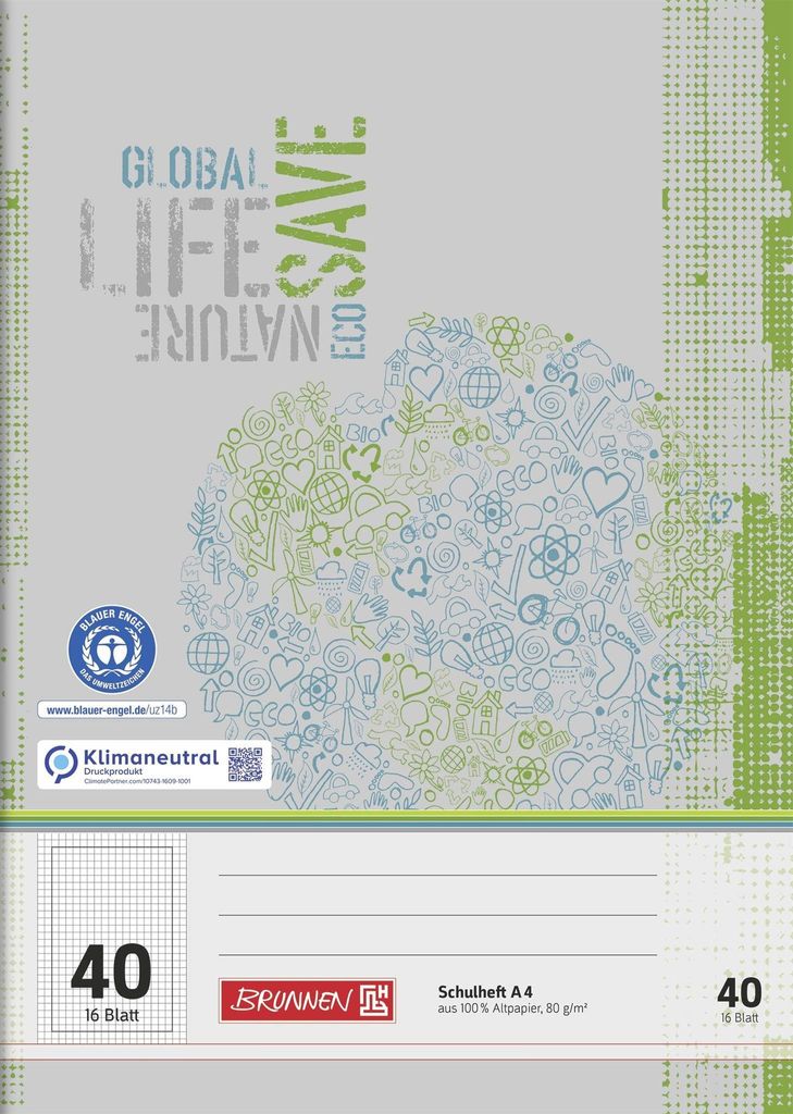 Brunnen Schulheft DIN A4, Lineatur 40, durchgängig kariert, mit umrandung,16 Blatt, Recycling