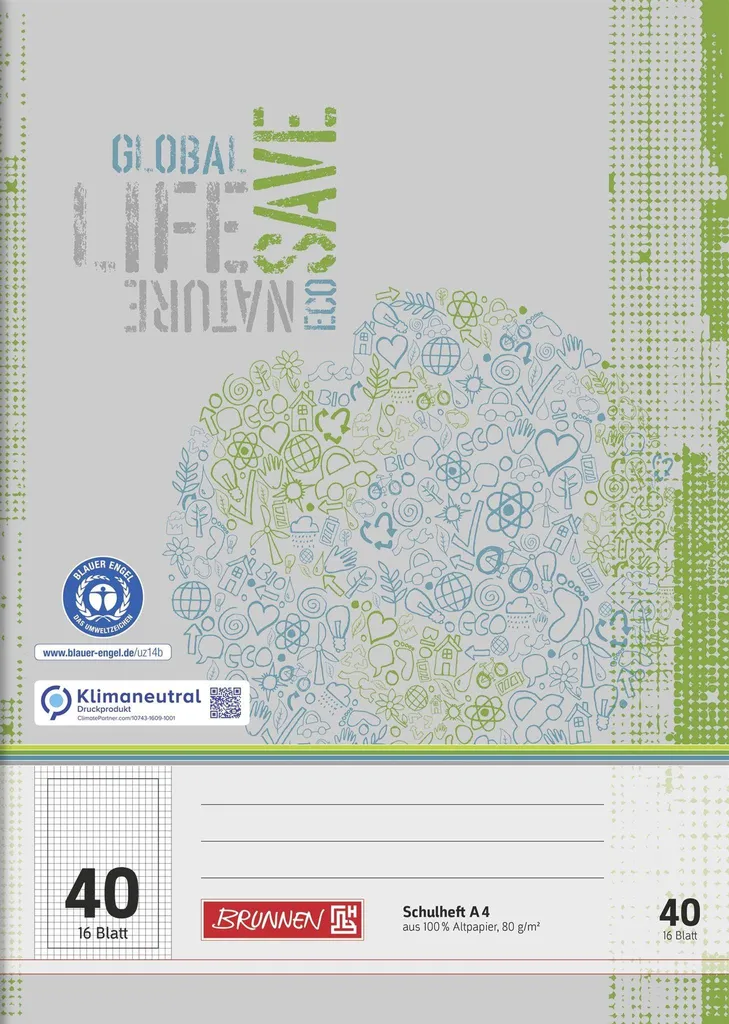 Cahier A4 Ligné Lin 40 en Papier Recyclé 16 Pages BRUNNEN 104414201 Durable