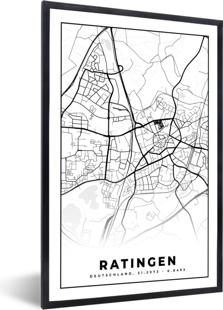 MuchoWow Gerahmtes Poster Ratingen - Karte - Stadtplan 20x30 cm - Poster mit Schwarzem Bilderrahmen Wandposter Rahmen Foto Bilder - Drucken - Bil...