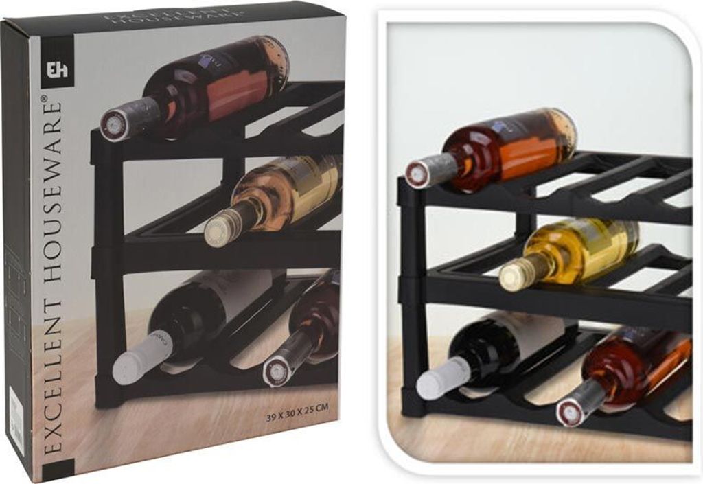 A product image showing a wine rack with bottles of wine, presented in a box and as a standalone product.