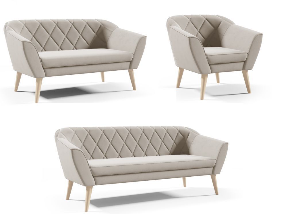 A collage of three beige upholstered furniture pieces, including a two-seater sofa and a single armchair, arranged against a white background.