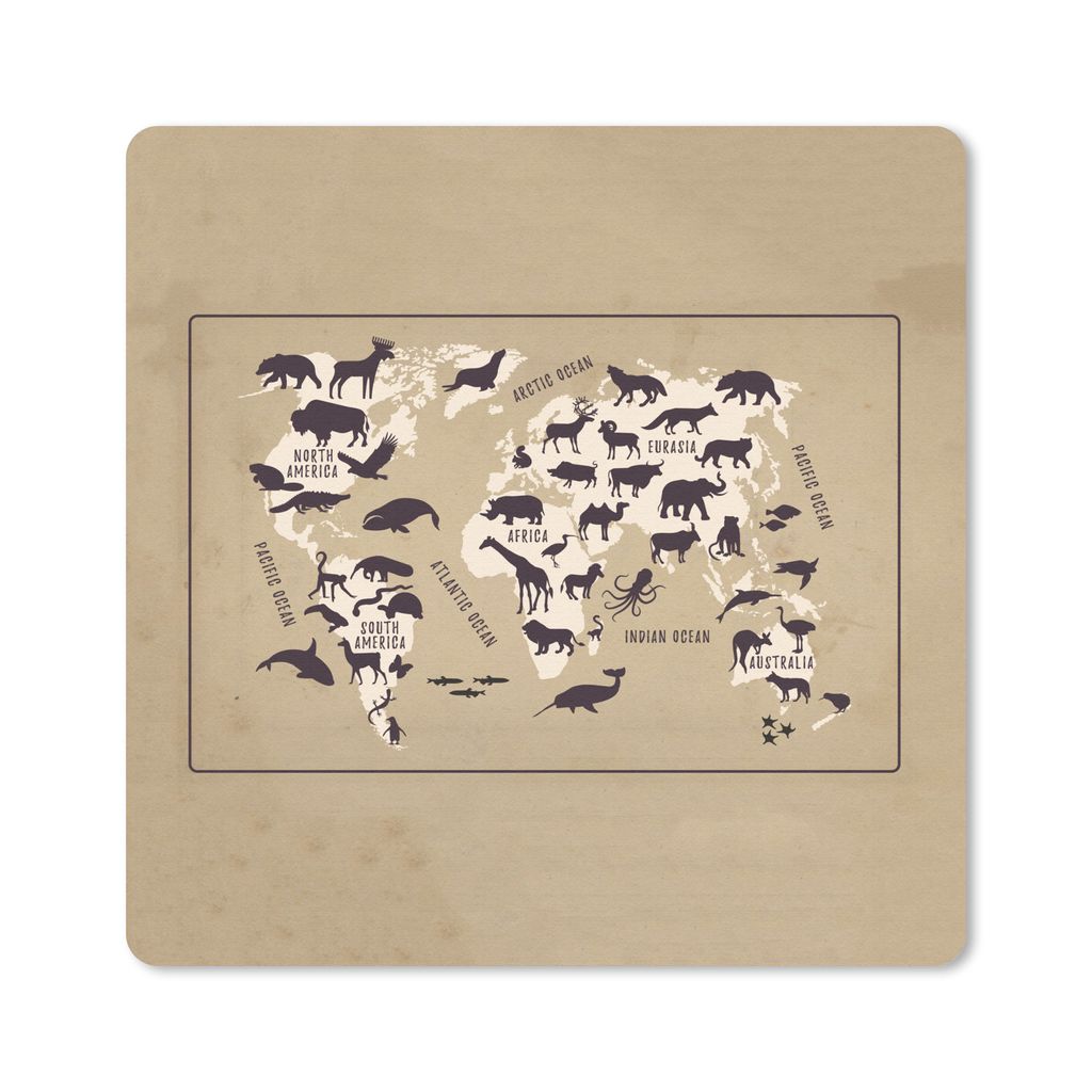 MuchoWow Mauspad Mousepad Weltkarte Kinder - Tiere - Braun 20x20 cm - Mousepads - Maus Mat - Pad - Mausunterlage - Desk Mat - Bureauartikeln