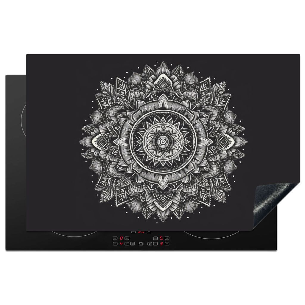 KitchenYeah Herdabdeckplatte Mandala - Schwarz und weiß - Blumen - Böhmisch - Natur , 80x52cm, Küche Deko, Glaskeramikkochfeld Herdabdeckung, ...