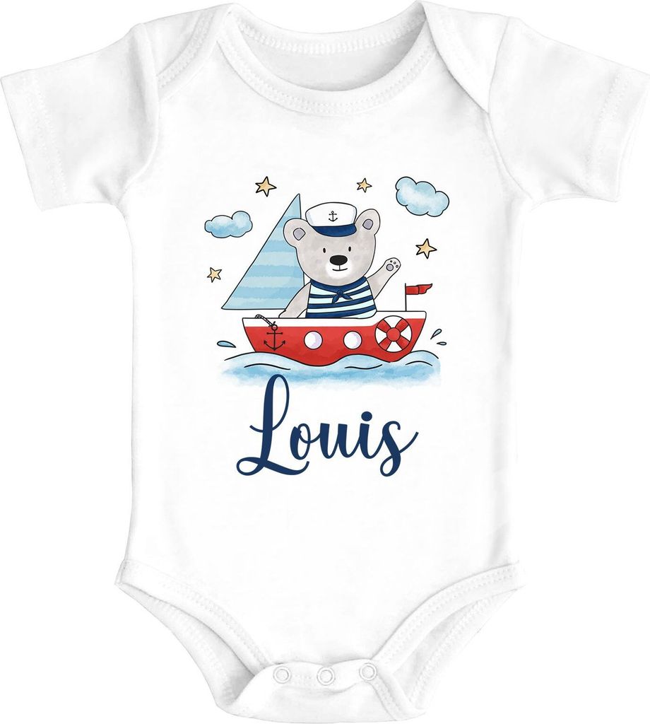 Baby Body mit Name Bär Boot Segelboot Aufdruck Motiv personalisierte Geschenke kurzarm Baumwolle SpecialMe weiß 6-12 Monate