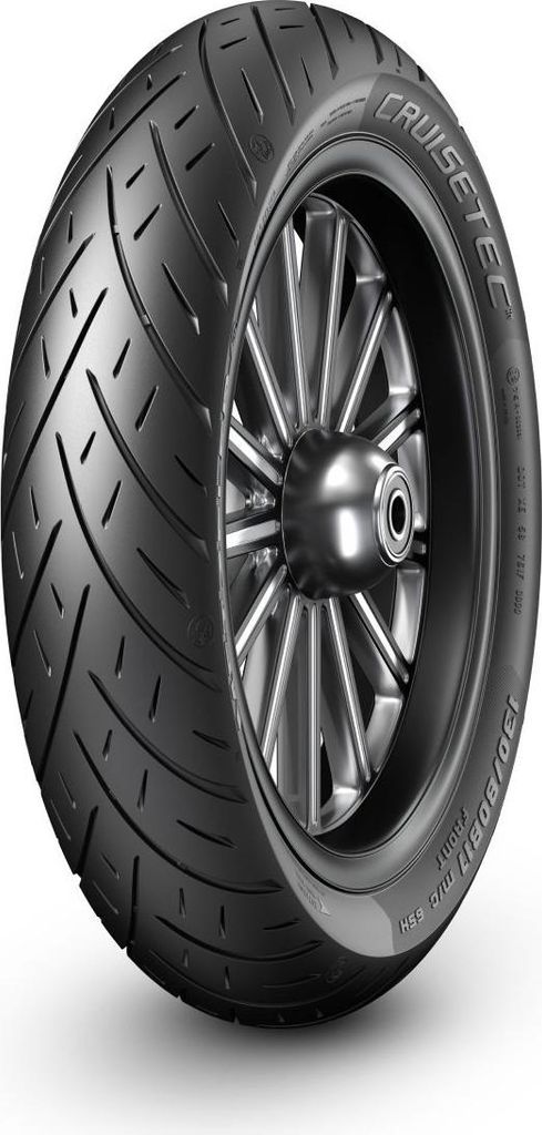 A motorcycle tire mounted on a wheel, shown from the side against a white background.