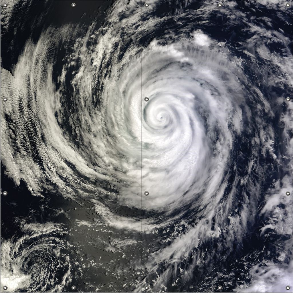 Wallario Outdoor-Poster für Garten oder Balkon, Motiv Hurrikan von oben - Spiralförmiger Wirbelsturm, in ca. 180 x 180 cm