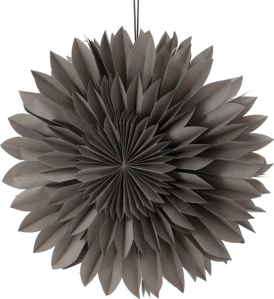 A gray paper star decoration hanging against a white background.