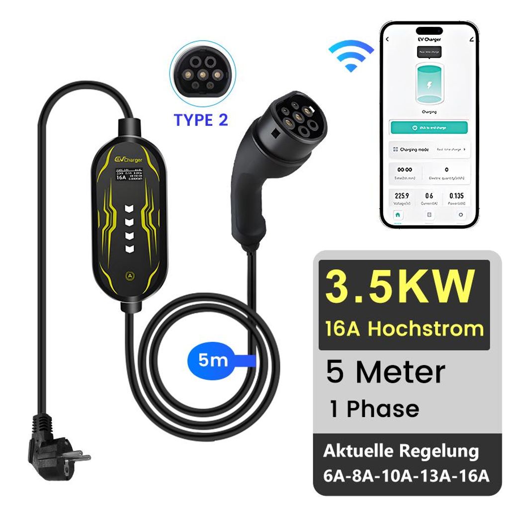 ev charger 3.5kw 6A/8A/10A/13A/16A 5m WIFI Type2 EV Produktbild 