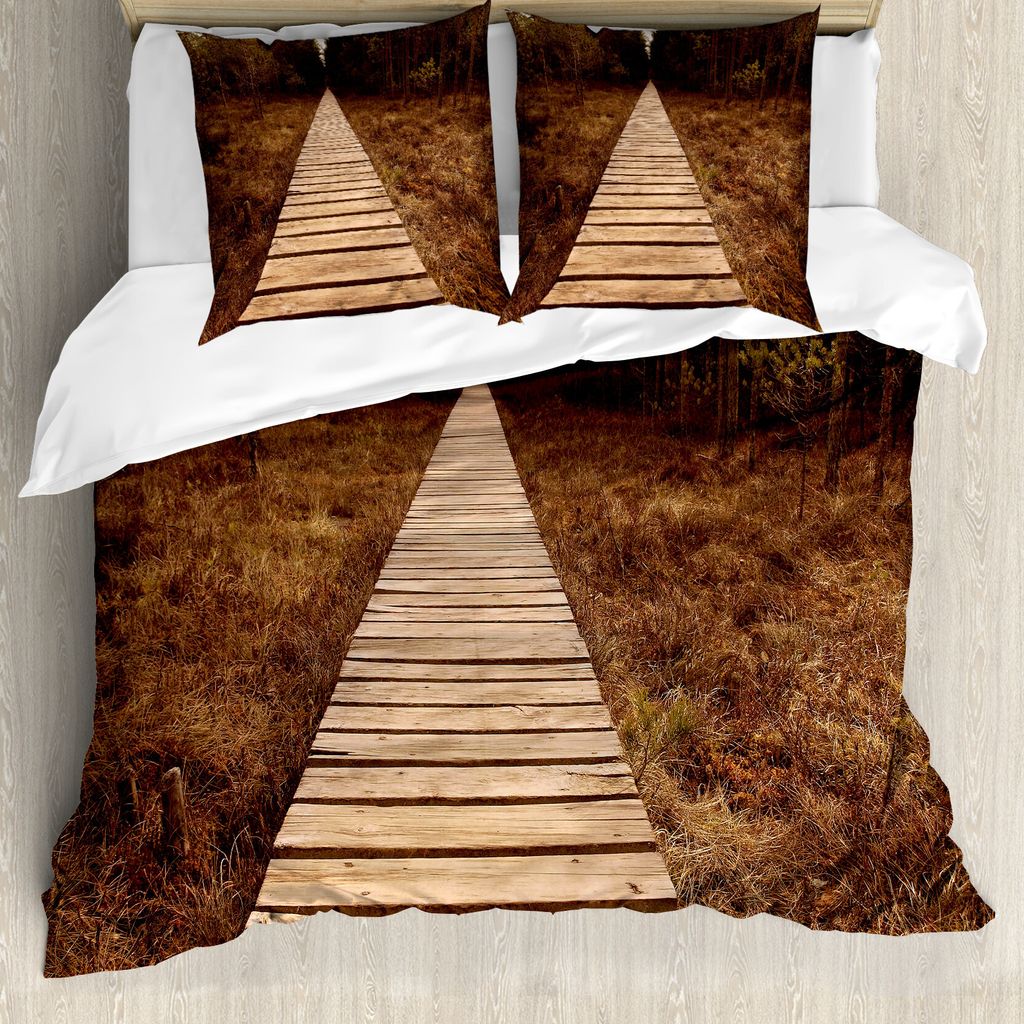 ABAKUHAUS Landschaft Bettbezug, Wooden Path Abenteuer, Milbensicher Allergiker geeignet mit Kissenbezügen, 200 cm x 200 cm - 80 x 80 cm, Braun Grün