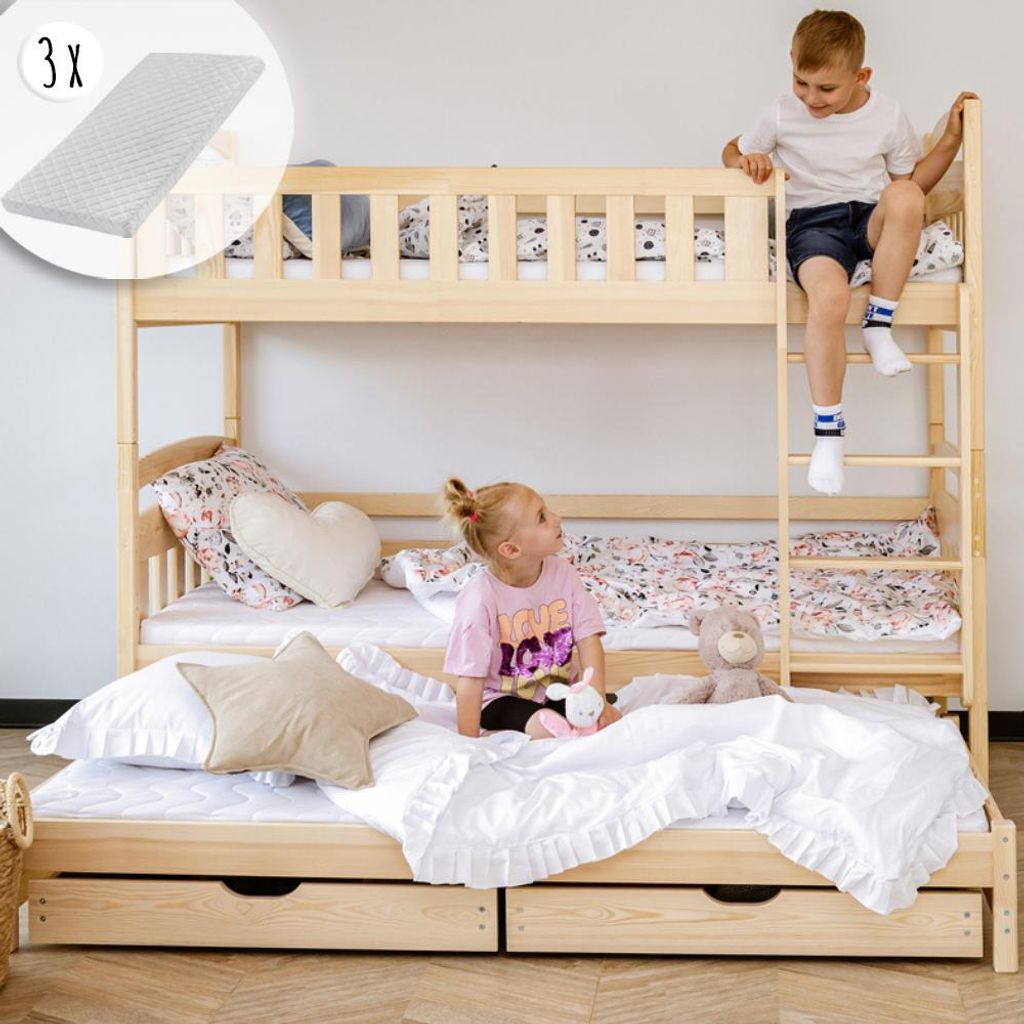 Hochbett 90x200 Etagenbett Kinderbett Jugendbett Stockbett 3 Kinder, mit zwei Schubladen, Kinder Bett umbaubar in 3 Einzelbetten | von 4. bis 18. L...